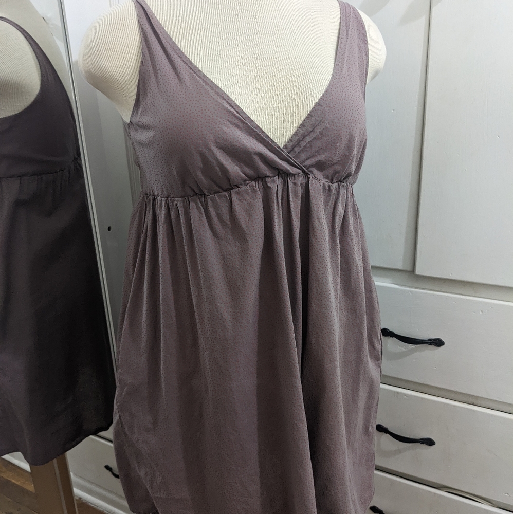 Large Old Navy Gray/purple summer dress with red polka dots and pockets.